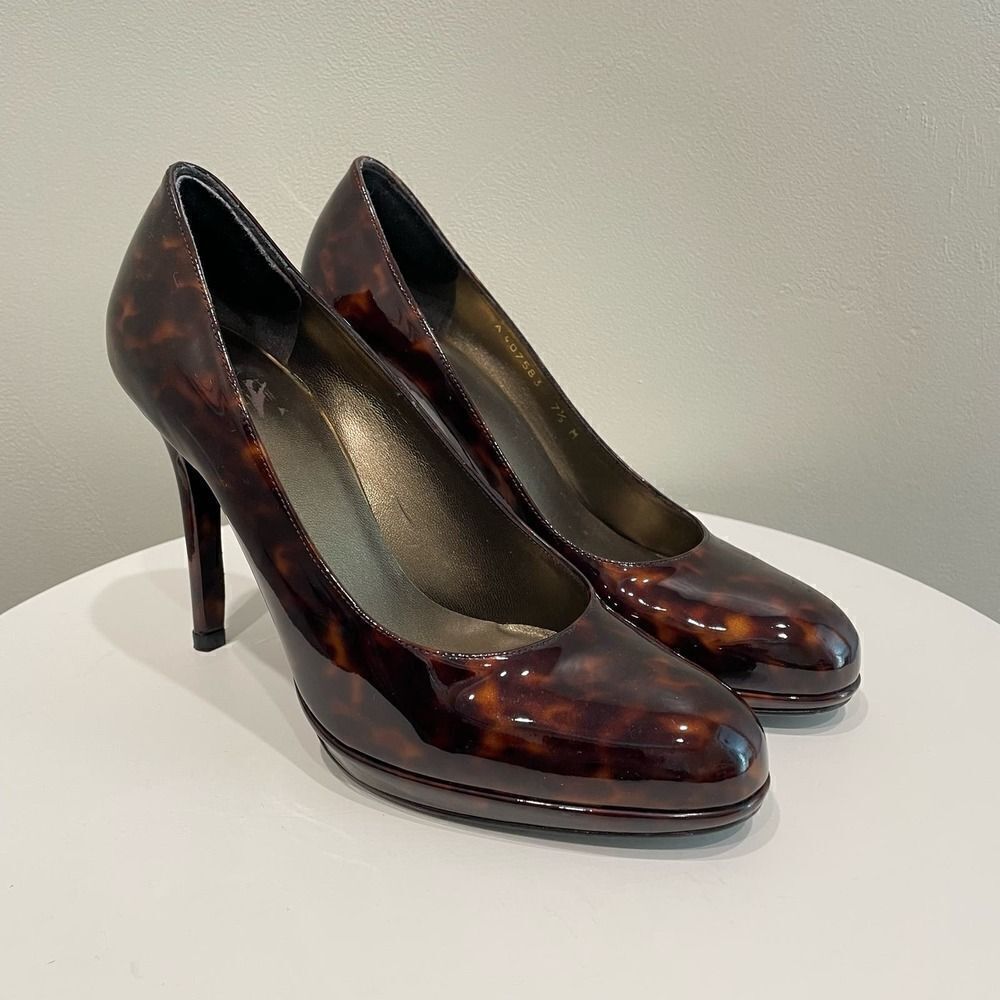 Stuart Weitzman Brown Leopard Print Patent Leather Heels - Size: 7.5
